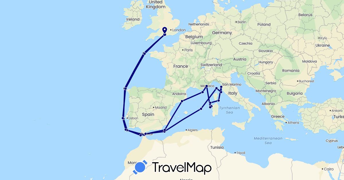 TravelMap itinerary: driving in Spain, France, United Kingdom, Gibraltar, Italy (Europe)